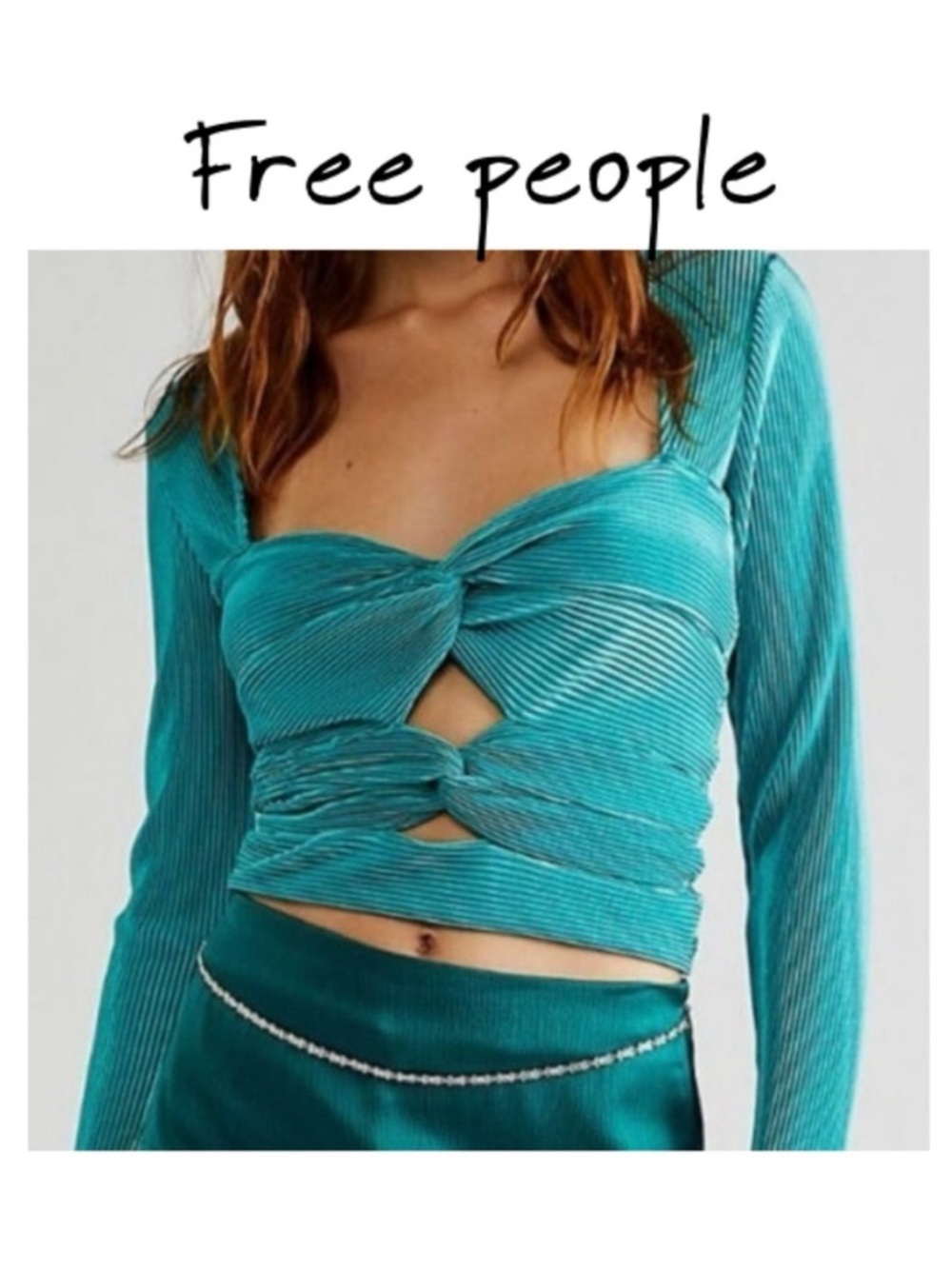Free People Teal Plisse Twist-Front Long Sleeve Crop Top with Cutouts